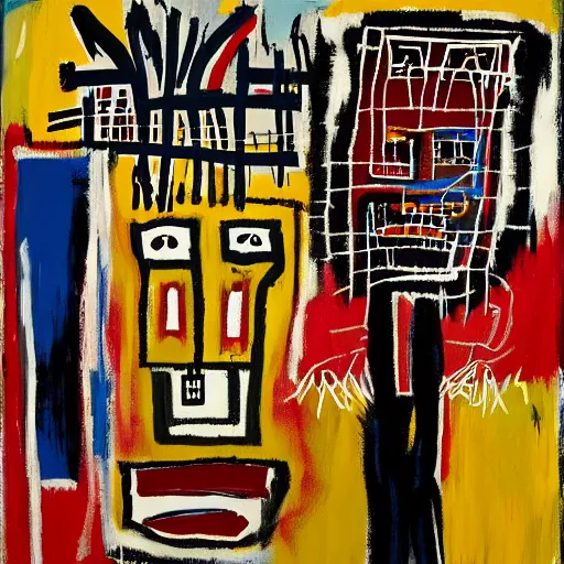 Prompt: a painting jean - michel basquiat did when he was deeply schizophrenic
