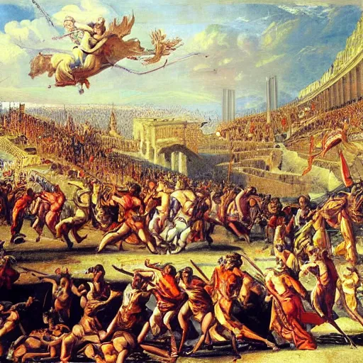 Image similar to fall of rome, epic painting