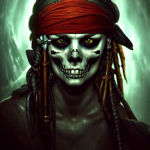 Prompt: photo of a pirate ghost portrait in a grotto, photorealistic, dark, atmospheric lighting, painted, intricate, ultra detailed, well composed, best on artstation, cgsociety, epic, stunning, gorgeous, intricate detail, wow, masterpiece