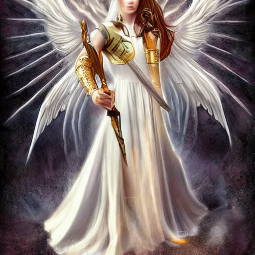 Image similar to an airbrush painting, an ultrafine detailed painting, of a white angel holding a sword and a sword, digital art by Anne Stokes, and by Hsiao-Ron Cheng , and by deviantart and by An Gyeon. Featured on devianart, featured on cgsociety, fantasy art, angelic photograph, wiccan, daz3d, mystical, tarot card, deviantart, artstation hd