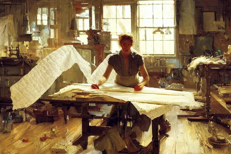 Prompt: oil painting of quilter working on a beautiful quilt in their workshop, art by anders zorn, wonderful masterpiece by greg rutkowski, beautiful cinematic light, american romanticism by greg manchess, jessica rossier and norman rockwell