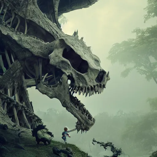 Prompt: a boy living in the gigantic skull of an ancient dragon skeleton on the edge of the forest, cinematic lights, octane render, trending on artstation, artstationHD, artstationHQ, unreal engine, 8k