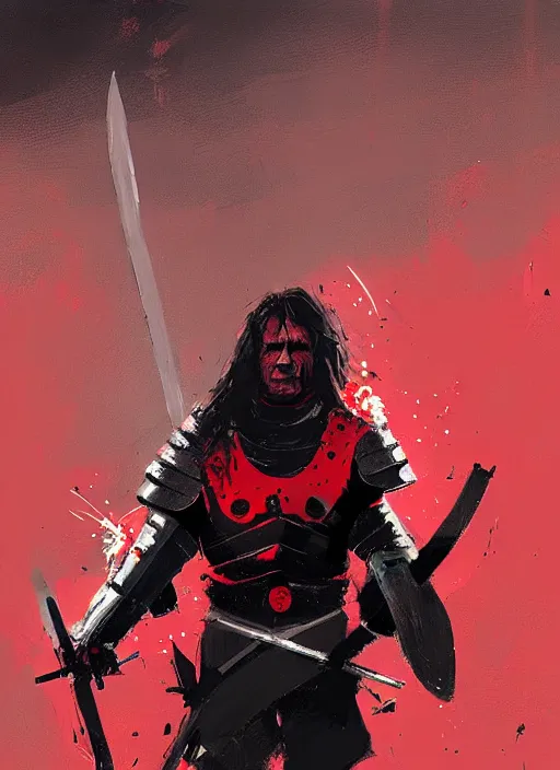 Prompt: schwarzenegger, long hair, wearing a black and red armor and two swords, by ismail inceoglu