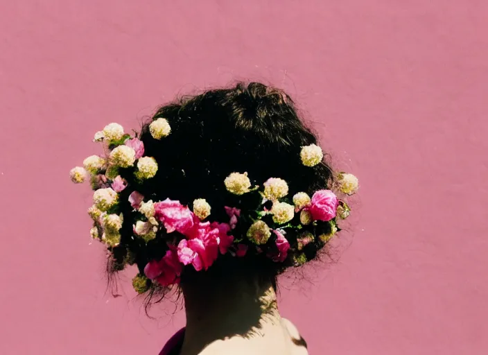 Prompt: photography, close-up of the back of a woman\'s head with interwoven flowers in center against a pink wall, daylight, 35mm