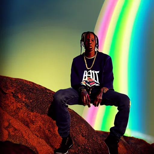 Image similar to Travis Scott sitting on a chair floating over Earth, 4k, Aubrey Powell, vintage photo, lens flare, beautiful cinematography, rainbow surreal, film grain