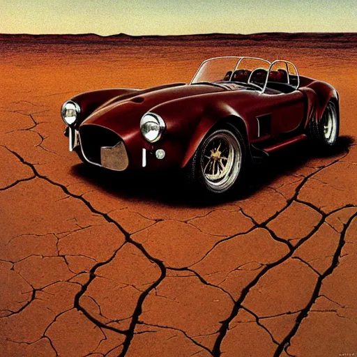 Prompt: closeup of rusty shelby cobra, vine covered, desert, cracked dry lake bed, by Zdzislaw Beksinski, Norman Rockwell, al duke, Valter de Morais, highly detailed, soft lighting, film grain, Portra 160, 8k resolution, hd, oil on canvas