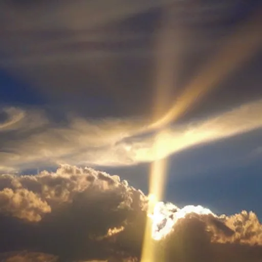 Image similar to god giving a thums up through the clouds. sunshine rays