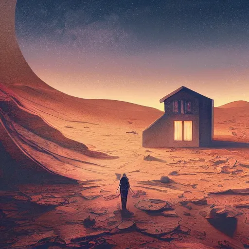 Prompt: house on mars, acrilic paint, digital, artstation, detailed intricate ink illustration, heavenly atmosphere, digital art, overdetailed art, concept art, complementing colors, trending on artstation, cgstudio, the most beautiful image ever created, dramatic, subtle, details, award winning artwork, beautiful scenery