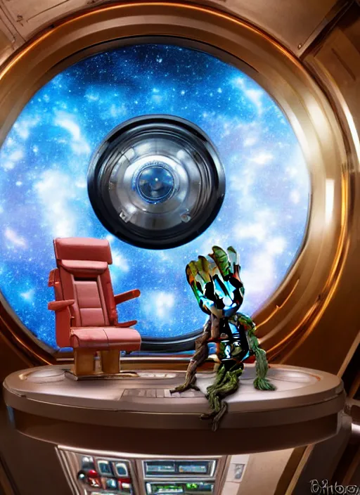 Image similar to baby groot sitting in the captains chair of the uss enterprise, photo realistic, centered in frame