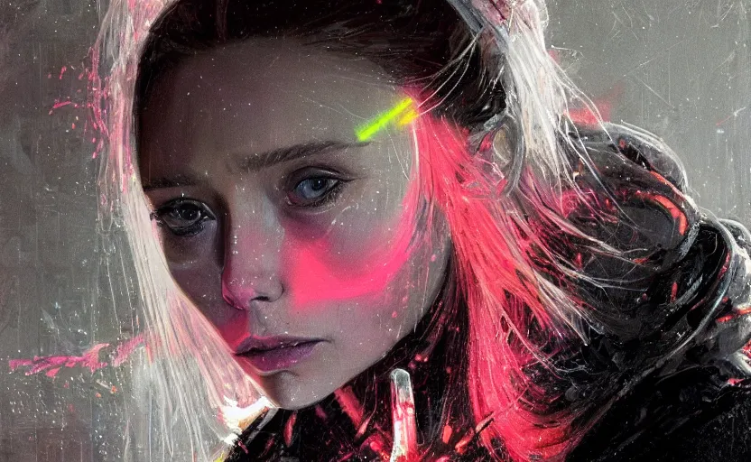 Image similar to detailed film still of portrait neon operator elizabeth olsen in the movie 2 0 0 1 space odyssey, messy ponytail, cyberpunk futuristic, neon, reflective puffy coat, decorated with traditional japanese by ismail inceoglu dragan bibin hans thoma greg rutkowski alexandros pyromallis nekro, illustrated, perfect face, fine details, realistic shaded, fine - face, pretty face