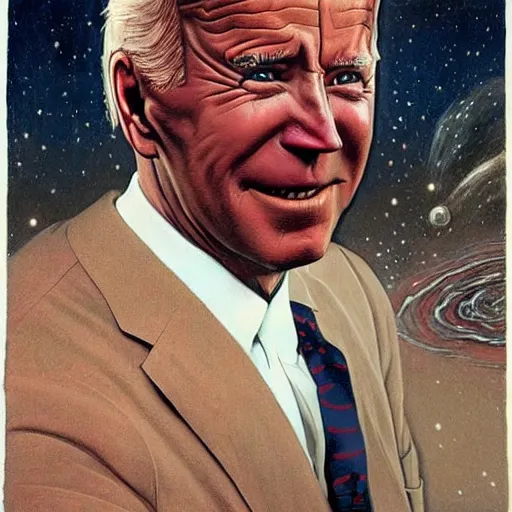 Image similar to terrifying, surreal joe biden creating the universe ab nihilio, perfectly clear face, by j. c. leyendecker and beksinski