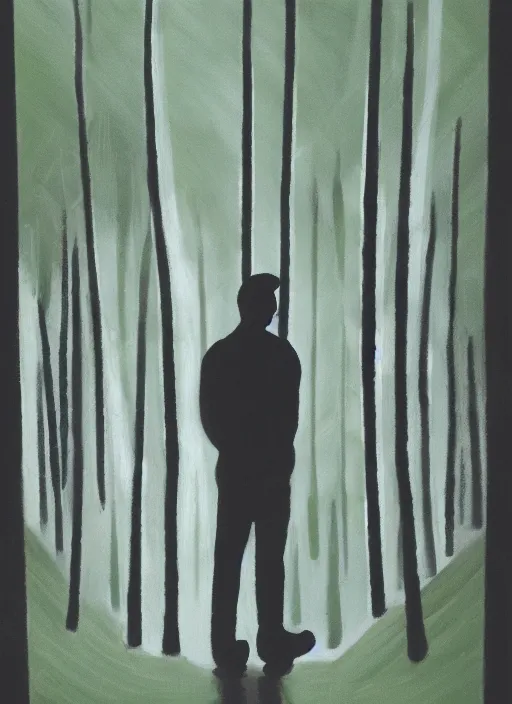 Prompt: a white silhouette of a man against a dark forest background, lots of plants, low light, oil painting