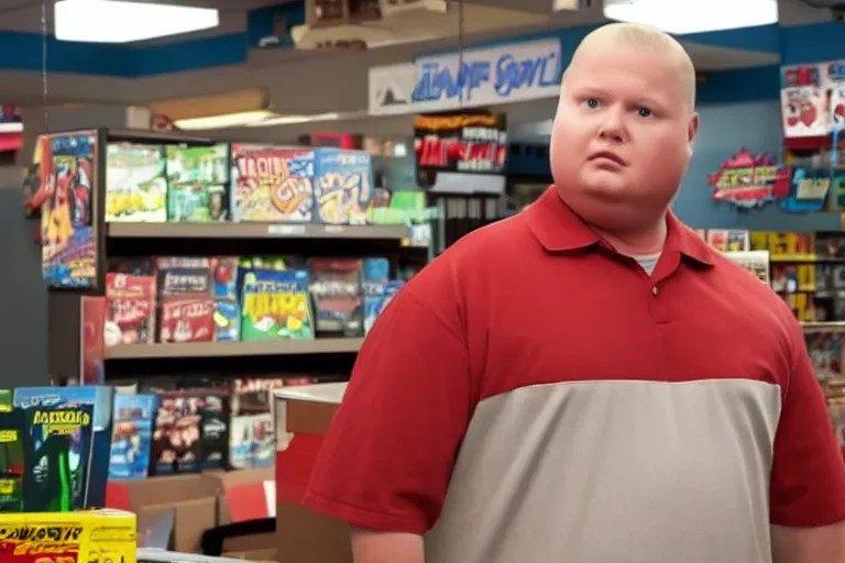 Image similar to bobby hill from king of the hill working behind the counter of a game stop, movie still, from the new clerks movie, 8 k, hd