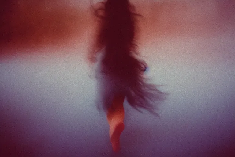 Image similar to film photography, minimalism, close up woman with bright lipstick running in the blue fog, low shutter speed, 35mm, motion blur