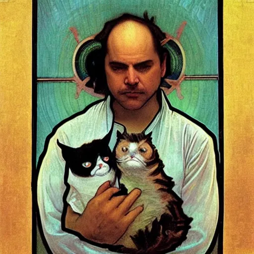 Prompt: “ portrait of george costanza holding grumpy cat, very detailed, by alphonse mucha ”