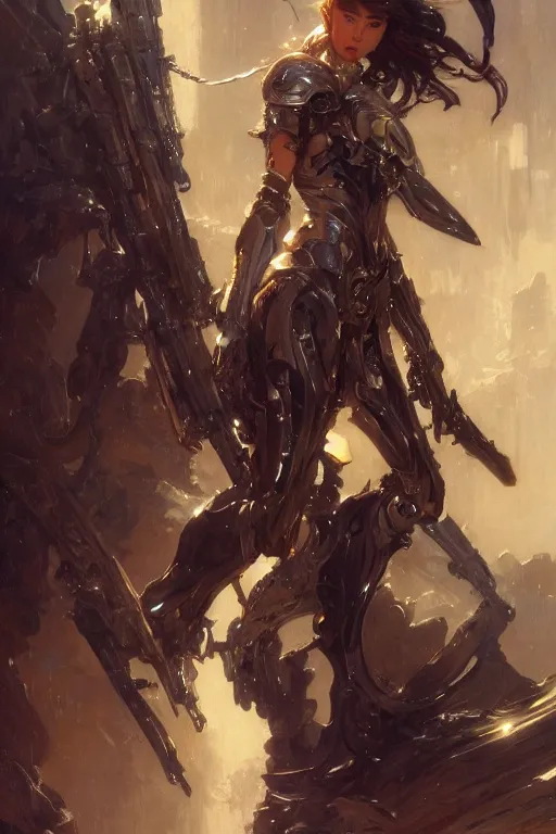 Prompt: full body girl metal armor holding a gunsword dynamic poses painting beautifull face no blur by gaston bussiere, greg rutkowski, yoji shinkawa, yoshitaka amano, tsutomu nihei, tim hildebrandt, sharp, details, hyper detailed, hd, 8 k