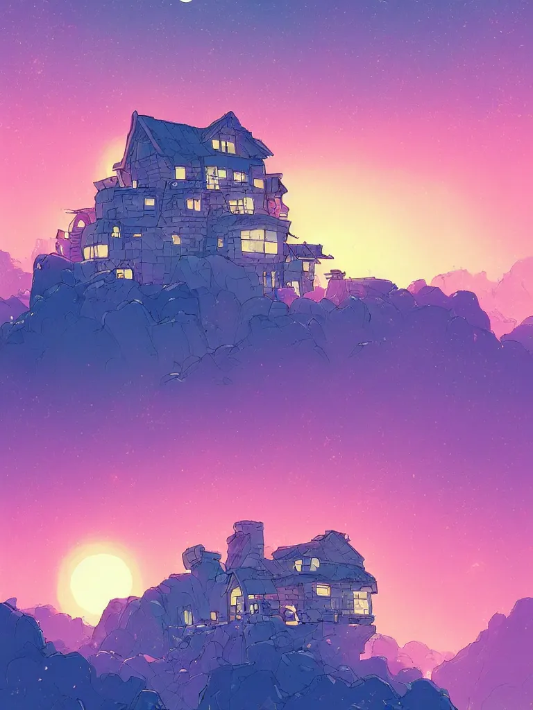 Image similar to a digital art of a small house on the cliff, a huge icy blue moon, a purple sky full of small stars, by laurie greasley, artstation, studio ghibli color scheme, light effect, highly detailed, by anton fadeev