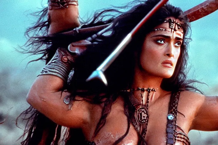 Prompt: epic photo of muscular salma hayek as beautiful barbarian warrior princess in a battle scene, detailed eyes, neutral expression, shallow depth of field, photorealistic, cinematic lighting, lovely bokeh, warm colours, dusk, movie quality, conan the destroyer 1 9 8 5