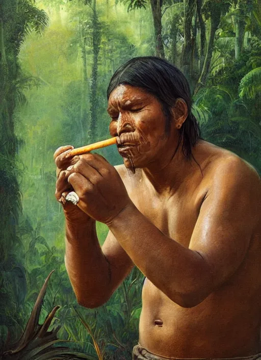 Image similar to a beautiful painting of an indigenous man taking tobacco snuff in the amazonian jungle , fantasy art, matte painting, highly detailed