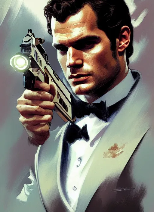 Image similar to portrait of henry cavill as james bond, casino, highly detailed, digital painting, artstation, concept art, cinematic lighting, sharp focus, illustration, by gaston bussiere alphonse mucha