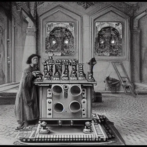 Prompt: an ancient machine, artificial intelligence chess machine, 1914 , in the style of Gustave Doré and Hito Steyerl, 35mm film