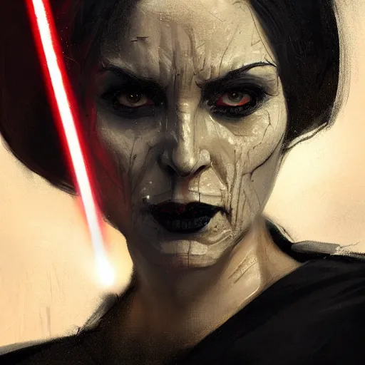 Prompt: portrait of a woman by greg rutkowski, a woman with yellow skin, black lips wearing black robes and a hodd, evil energy, star wars expanded universe, she is about 6 0 years old, highly detailed portrait, digital painting, artstation, concept art, smooth, sharp foccus ilustration, artstation hq