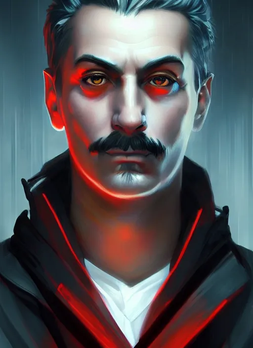 Image similar to « a portrait o cyberpunk joseph stalin, glowing eyes, a digital painting by charlie bowater, featured on cgsociety, fantasy art, behance hd, wiccan, artstation hd »