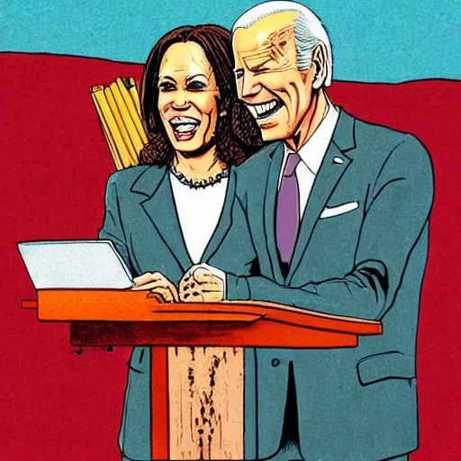 Image similar to The Artwork of R. Crumb and his Cheap Suit - Joe Biden and Kamala Harris, pencil and colored marker artwork, trailer-trash lifestyle