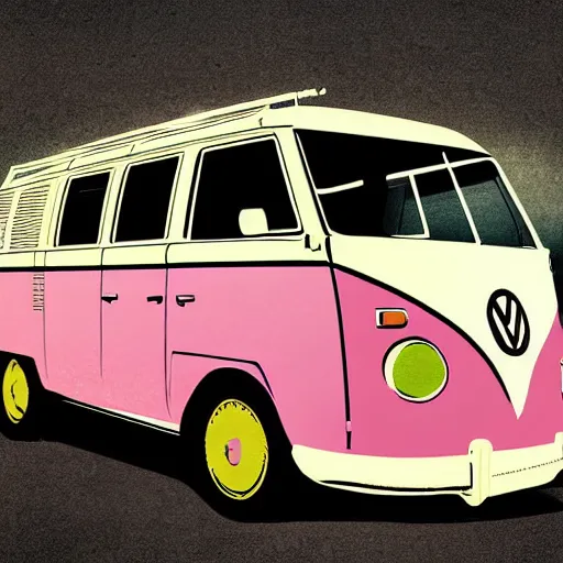 Image similar to illustration of an old van volkswagen, may 6 8, pastel colors, cool, hippie by malika favre