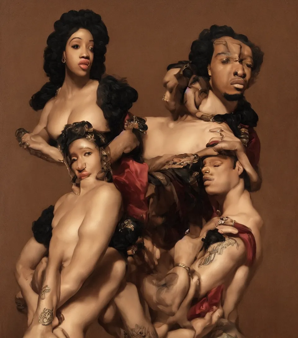 Prompt: portrait of cardi b and offset in the style of roberto ferri