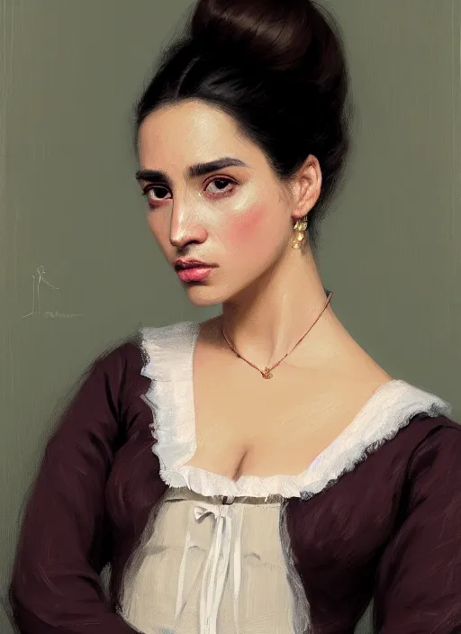 Image similar to a portrait of a young hispanic woman with a crooked nose in victorian clothing, confident pose, intricate, elegant, sharp focus, illustration, highly detailed, concept art, matte, trending on artstation, anime, art by james jean and artgerm and brian despain and alberto mielgo, greg rutkowski, wlop, ilya kuvshinov, strong strokes