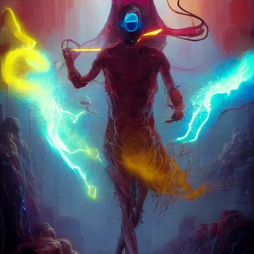 Prompt: medium shot of a ghostly transparent yellow lightning elemental humanoid with red and blue goggles shooting lightning bolt from hand, cyberpunk concept art by pete mohrbacher and seb mckinnon and beksinski and josan gonzales, digital art, highly detailed, intricate, sci-fi, sharp focus, Trending on Artstation HQ, deviantart, unreal engine 5, 4K UHD image