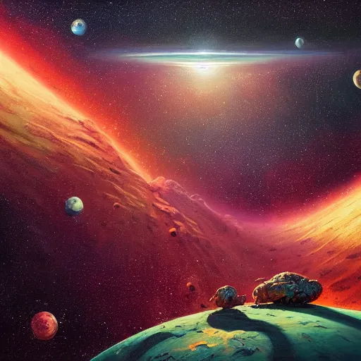 Image similar to space landscape, illustration painting, oil on canvas, intricate, portrait, detailed illustration, hd, digital art, overdetailed art, concept art, complementing colors, detailed, illustration painting by alex gray, digital art, overdetailed art, concept art, complementing colors rendered by beeple, syd meade, cgsociety, rendered in unreal engine