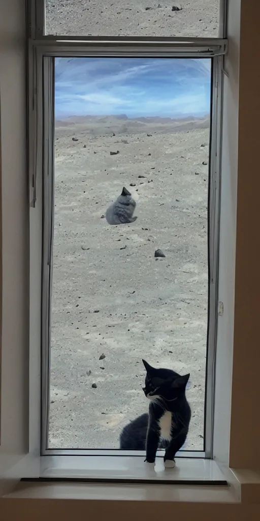 Image similar to photo of a cat watching a martian landscape from inside a futuristic window