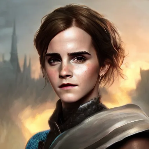 Image similar to An epic fantasy comic book style portrait painting of Emma Watson, unreal 5, DAZ, hyperrealistic, octane render, cosplay, RPG portrait, dynamic lighting