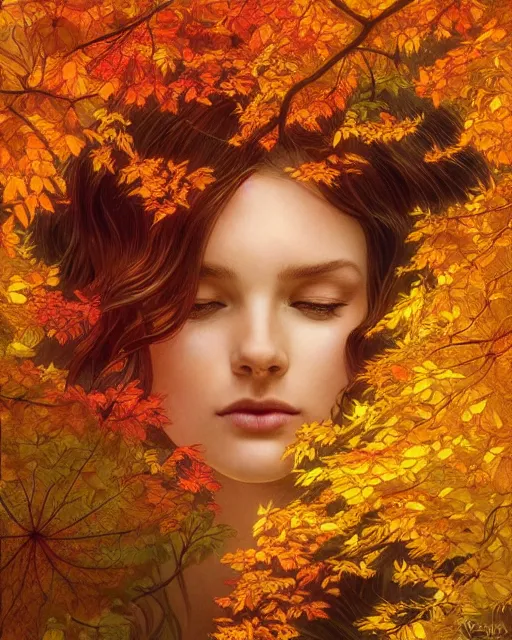 Image similar to Golden autumn, Spreads out Spreads out the leaves, Colorful leaves are lying on the ground, colorful autumn trees, red-yellow colors, falling leaves, D&D, fantasy, intricate, elegant, highly detailed, digital painting, artstation, concept art, matte, sharp focus, illustration, art by Artgerm and Greg Rutkowski and Alphonse Mucha, masterpiece, stunning, artstation