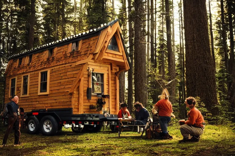 Image similar to movie scene portrait closeup, real life team of chubby elves building a tiny house in the forest natural lighting by emmanuel lubezki