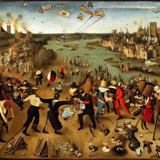 Image similar to a group of politicians partying in washington dc, the city is burning the politicians are throwing money everywhere some smoking cigars, in the style of bruegel