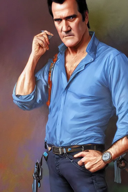 Image similar to Bruce Campbell in a blue bloody shirt with a shoulder strap, innocent, intricate, elegant, highly detailed, digital painting, artstation, concept art, smooth, sharp focus, illustration, art by artgerm and greg rutkowski and alphonse mucha