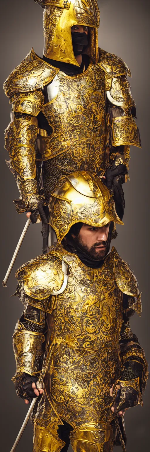 Image similar to man in royal decorated with gold medieval baroque style armor and helmet and big golden cross on his chest rennaisance art style high resolution high detail