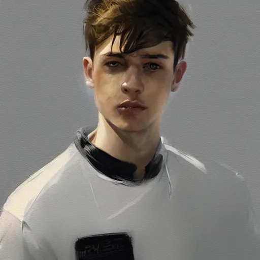 Image similar to Portrait of a man by Greg Rutkowski, he is about 20 years old, west slav features, short blonde hair with bangs, attractive, smart looking, slim, somewhat androgenic, he is wearing a white and black utilitarian jumpsuit, highly detailed portrait, scifi, digital painting, artstation, concept art, smooth, sharp foccus ilustration, Artstation HQ