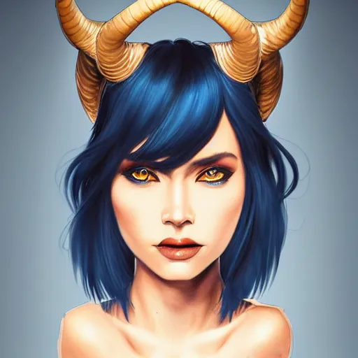 Image similar to illustrated realistic portrait of ram-horned devil woman with blue bob hairstyle and her tan colored skin and with solid black eyes wearing leather by rossdraws