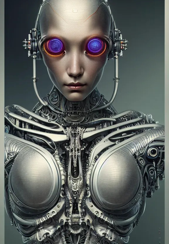 Image similar to ultra realist intricate detailed painting of a single attractive alien female, cyborg male, full body, curvy, cyborg tech, symmetry accurate features, very intricate details, focus, 8k render, artstyle Hiraku Tanaka and Tom Bagshaw, award winning