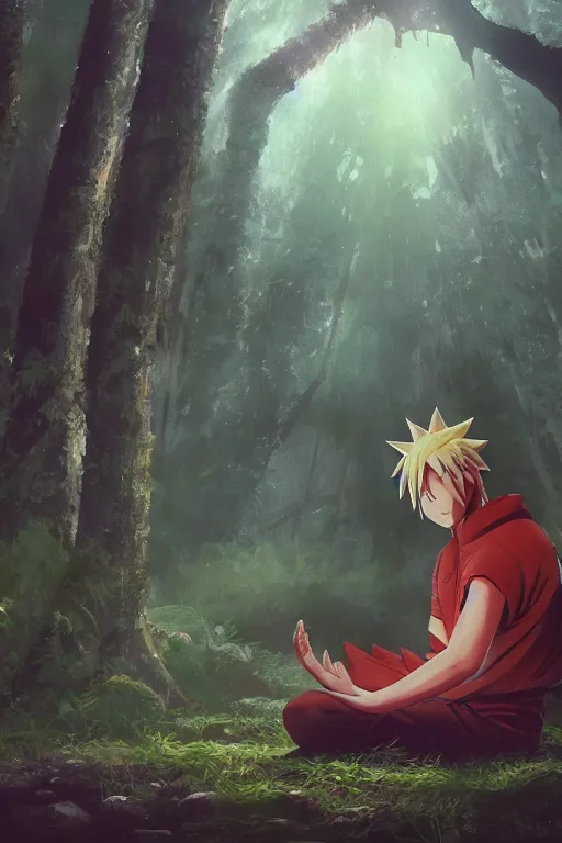 Image similar to photorealistic dark fantasy concept art of Naruto meditating in a forest, dynamic lighting, stunning visuals, realism, cinematic, hyper detailed, ultra detailed, beautiful visuals and sunset