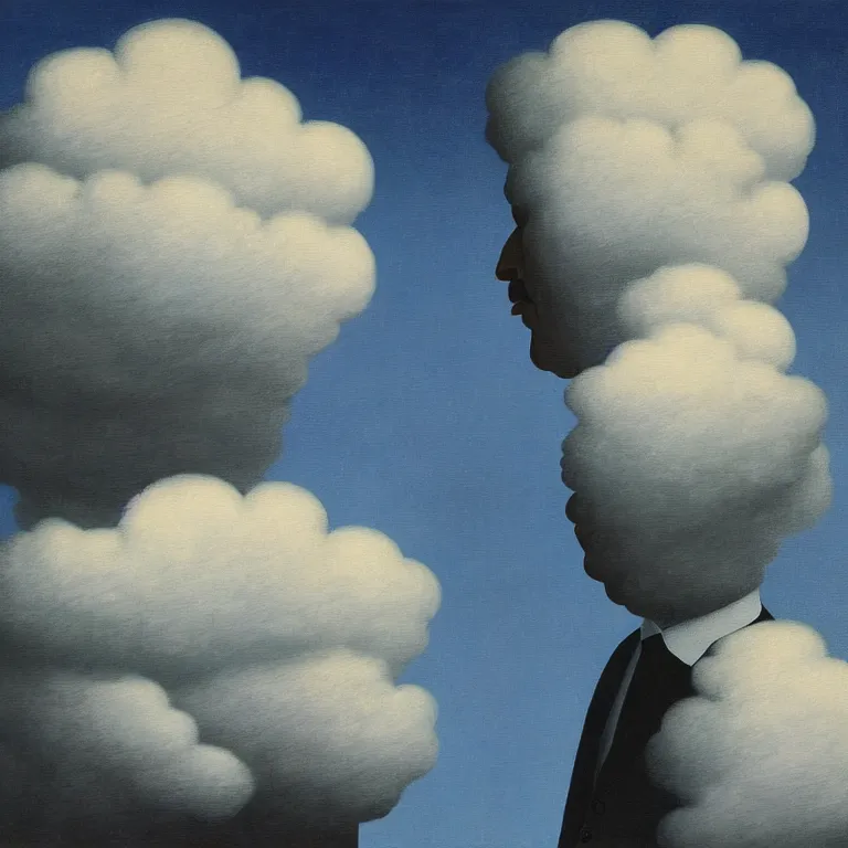 Image similar to portrait of a cloud faced man, by rene magritte, centered, detailed painting, hd, hq, high resolution, high detail, 4 k, 8 k