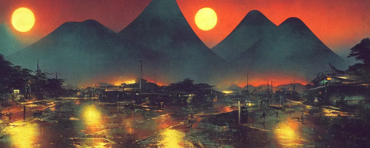 Image similar to awe inspiring bruce pennington landscape, digital art painting of 1 9 6 0 s, japan at night, 4 k, matte, warm, old, perspective