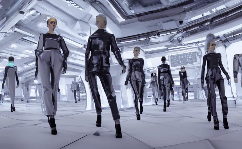 Prompt: High Quality Rendering of Fashion Catwalk on a Space-Station, Sci-Fi, Octane Renderer, Redshift, Raytracing