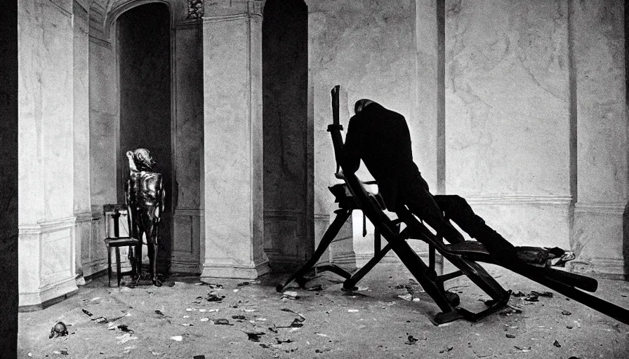 Prompt: hyper detailed movie still of a bloody robespierre headless next to the guillotine, on a great neoclassical square, cinestill 8 0 0 t 3 5 mm, high quality, heavy grain, high detail, cinematic composition, dramatic light, anamorphic, ultra wide lens, hyperrealistic, by josef sudek