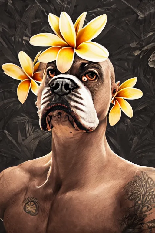 Image similar to ultra realistic illustration, portrait of a boxer plumeria tropical bouquet background, close up shot, fantasy, intricate, elegant, highly detailed, digital painting, artstation, concept art, smooth, sharp focus, illustration, surrealism