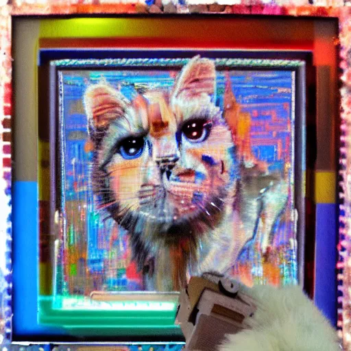 Prompt: furry, made out of fur, array of crt televisions, tv static, antenna, stacked, polaroid, steroids, adult video store, impressionist painting, painting, acrylic painting, cell shaded